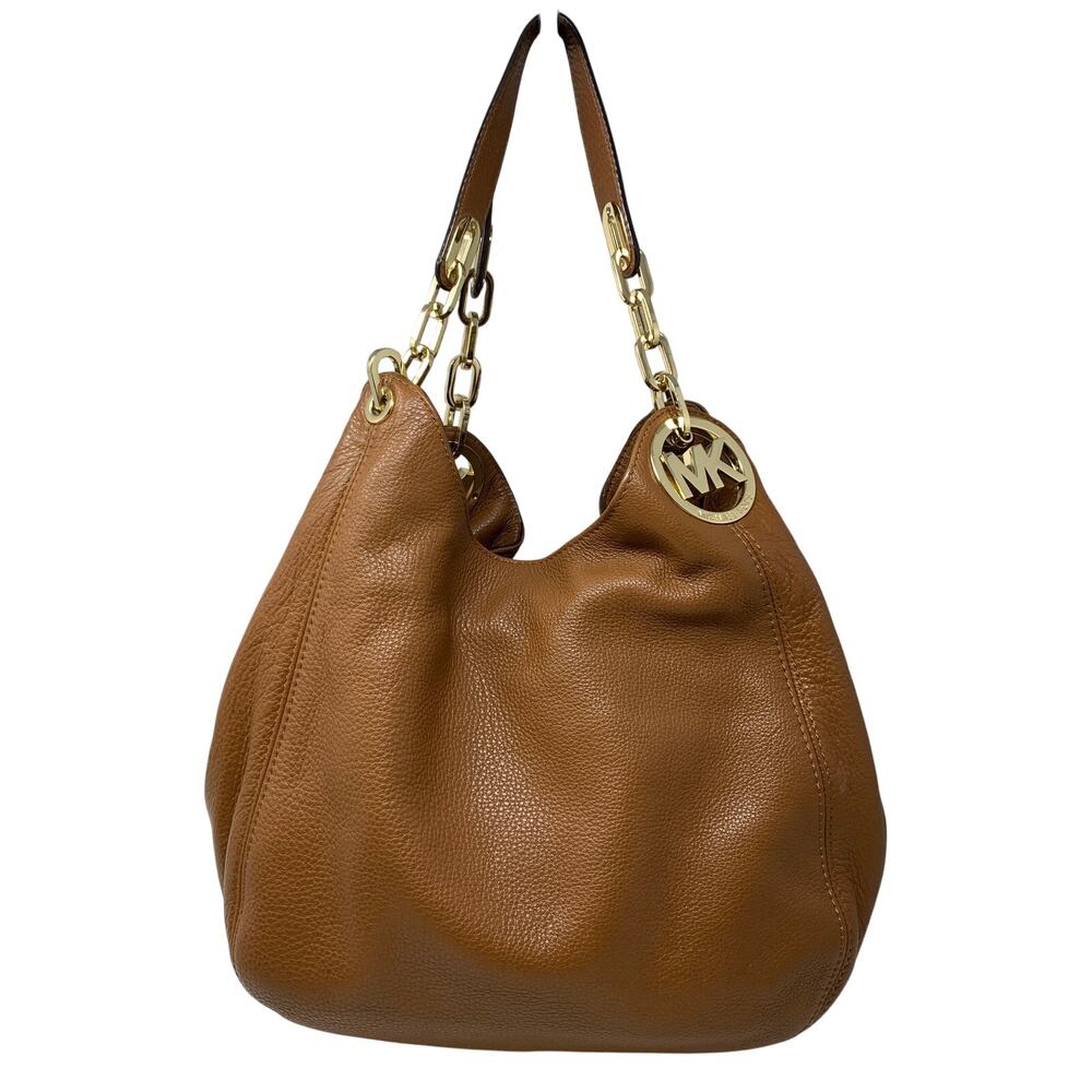 Michael Kors Hobo Shoulder Bag Brown Cognac Pebbled Leather Gold Chain MK Charm